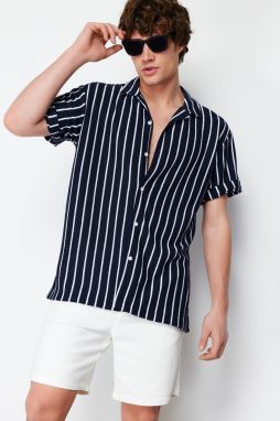 Trendyol Navy Blue Striped Relaxed Fit Knitwear Look Wide Collar Shirt