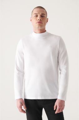 Avva Men's White Ultrasoft High Collar Long Sleeve Cotton Slim Fit Slim-Fit T-shirt