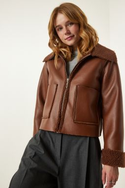 Happiness İstanbul Women's Tan Fur Collar Wide Pocket Faux Leather Jacket