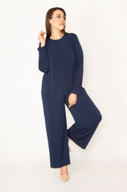 Şans Women's Plus Size Navy Blue Back Hidden Zipper Wide Leg Jumpsuit