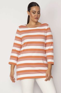 Şans Women's Large Size Powder Cotton Fabric Crew Neck Striped Tunic
