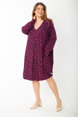 Şans Women's Plus Size Damson Front A Pleated V-Neck Long Sleeve Tunic Dress