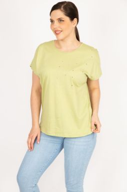 Şans Women's Green Plus Size Cotton Fabric Stone Detail Blouse