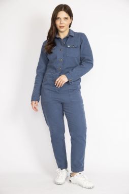 Şans Women's Indigo Plus Size Front Buttoned Gabardine Jumpsuit