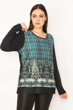 Şans Women's Large Size Green Crew Neck Front Patterned Tunic