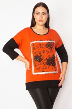 Şans Women's Plus Size Orange Two-tone Tunic with Print And Stone Detailed On The Front