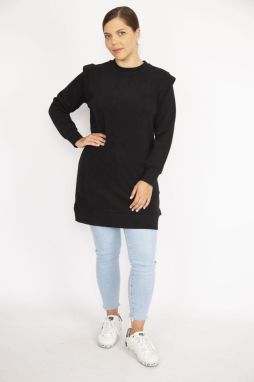 Şans Women's Plus Size Black 3 Thread Shoulder Detailed Sweatshirt Dress