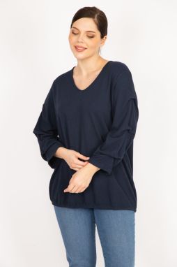 Şans Women's Navy Blue Large Size Sleeve Detailed Tunic with Elastic Hem