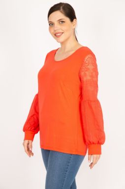 Şans Women's Pomegranate Plus Size Sleeves Tulle Lace Detailed Tunic