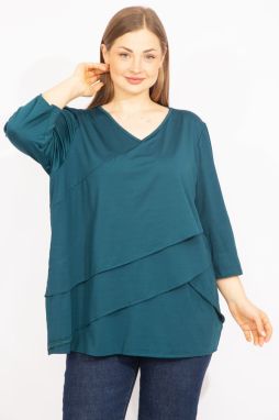 Şans Women's Petrol Plus Size V Neck Capri Sleeve Flounce Tunic