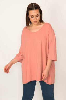 Şans Women's Plus Size Rose Pink V-Neck Short Sleeve Tunic