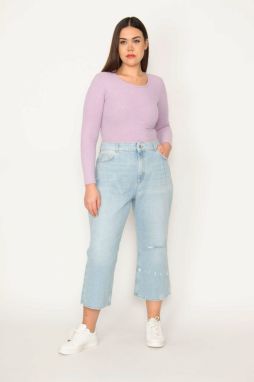 Şans Women's Large Size Blue Ripped Detailed Washed Effect 5 Pocket Jeans