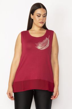 Şans Women's Plus Size Claret Red Stone Detailed Hem Chiffon Blouse