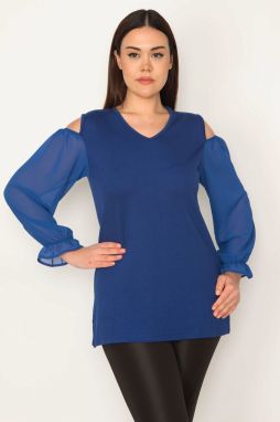 Şans Women's Plus Size Saxe Blue Decollete Sleeve Chiffon Detail Blouse