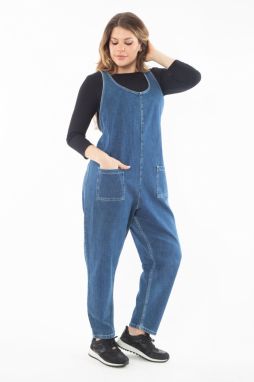 Şans Women's Plus Size Blue V-Neck Pocket Denim Jumpsuit