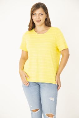 Şans Women's Plus Size Yellow Crewneck Patterned Blouse