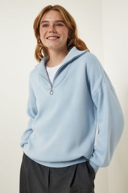 Happiness İstanbul Light Blue Zipper Collar Basic Knitwear Sweater