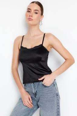 Trendyol Black Plain Satin Regular Strappy Lace Detail Knitted Blouse