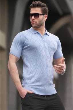 Madmext Patterned Knitwear Blue Polo Neck T-Shirt 6357