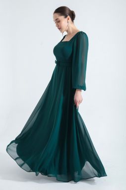 Lafaba Women's Emerald Green Square Neck Long Chiffon Evening Dress