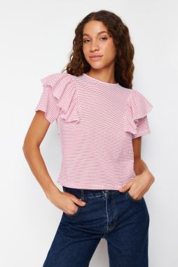 Trendyol Fuchsia Ecru Striped Ruffle Detailed Regular/Normal Pattern Knitted T-Shirt