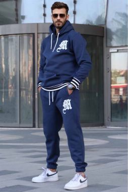 Madmext Navy Blue Printed Hoodie and Tracksuit Set 5909