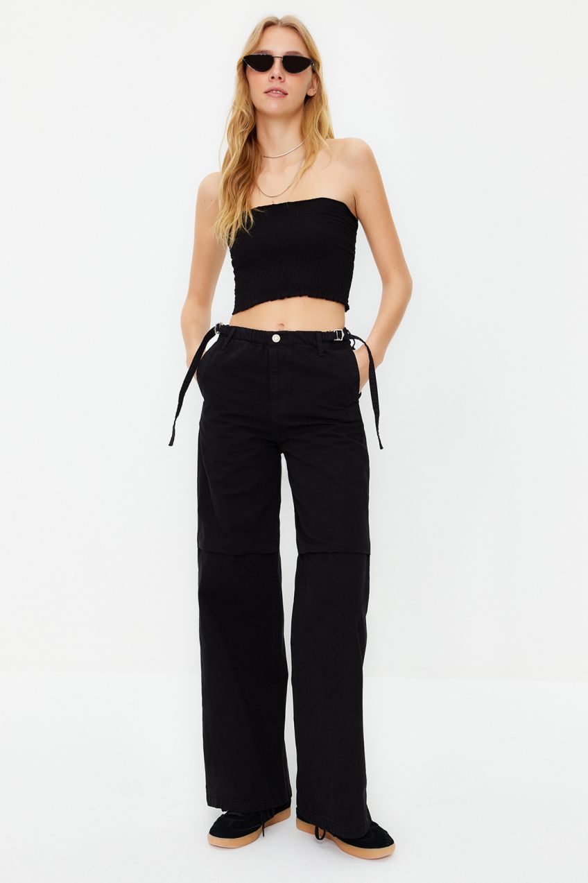 Trendyol Black Waist Detailed Normal Waist Wide Leg Jeans