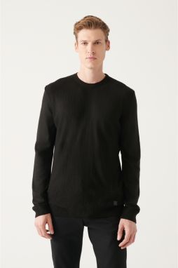 Avva Men's Black Crew Neck Herringbone Patterned Regular Fit Knitwear Sweater