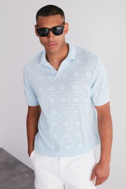 Trendyol Light Blue Regular Fit Openwork Knitwear Polo Neck T-Shirt