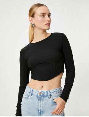 Koton Bodice Detailed Crop T-Shirt Long Sleeve