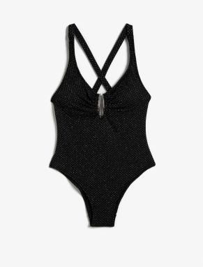 Koton Glittery Swimsuit with Metal Accessories Window Detail and Pleated Straps.