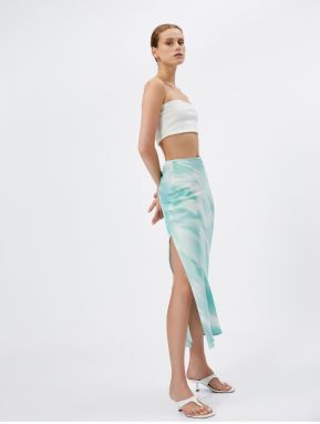 Koton Satin Midi Skirt with slits and Tie-Dye Patterned A-Line Viscose.