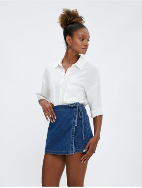 Koton Crop Shirt Linen Blend Off Shoulder Short Sleeve Pocket Detailed