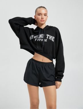 Koton Crop Sweatshirt Sports Slogan Embroidered Hoodie with Ribbed