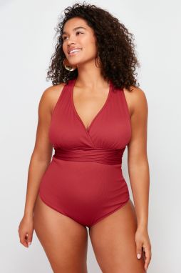 Trendyol Curve Claret Red V-Neck Textured Swimsuit with Recovery Effect