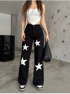 BİKELİFE Flocked Star Star Printed Wide Leg Straight fit Wide Leg Jean