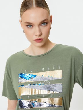 Koton Crew Neck T-Shirt Printed Double Sided Sequined Short Sleeve