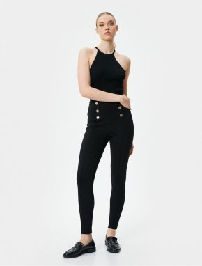 Koton Button Detailed Leggings Ribbed High Waist