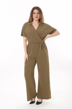 Şans Women's Plus Size Khaki Wrapped Neck Wide Leg Jumpsuit