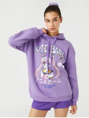 Koton Anime Sweatshirt Oversize Printed Hoodie with Ribbed