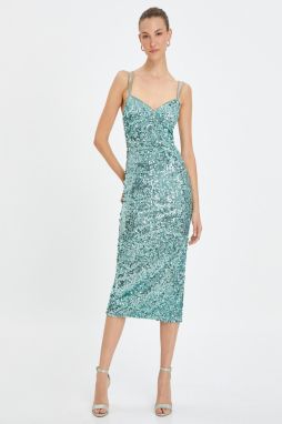 Koton Sequined Midi Pencil Dress Thin Double Strap Heart Collar