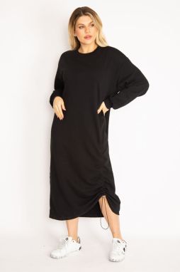 Şans Women's Plus Size Black Gathered Detailed Sweatshirt Dress