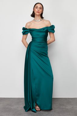 Trendyol Emerald Green Satin Degaje Collar Long Evening Dress