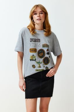 Trendyol Premium Gray Melange Printed Boyfriend Crew Neck Knitted T-Shirt