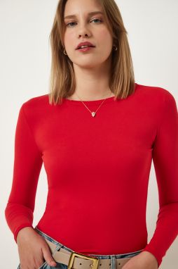Happiness İstanbul Women's Red Crew Neck Basic Viscose Knitted Blouse