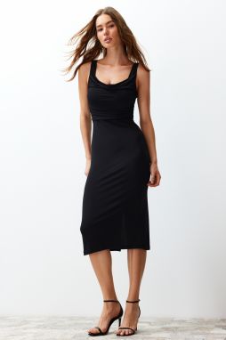 Trendyol Black Fitted Detail Collar Flexible Knitted Midi Dress