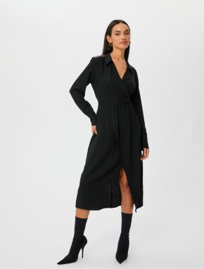Koton Midi Shirt Dress Wrap Long Sleeve Slit Embroidered