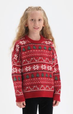 Dagi Girls Red Christmas Themed Oversize Knitwear Sweater