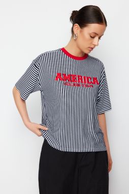 Trendyol Black Striped Motto Embroidered Oversize/Wide Fit Knitted T-Shirt