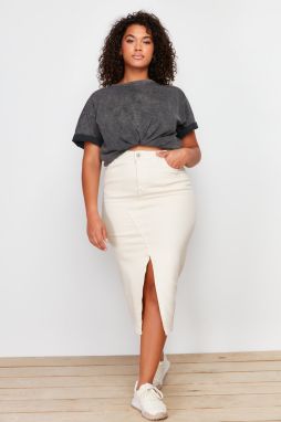 Trendyol Curve Ecru Front Slit Detailed Midi Denim Skirt